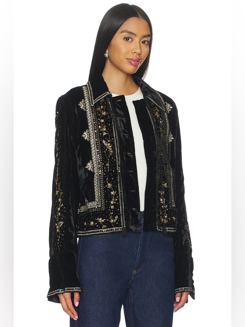 Free People Maxxie Embellished Velvet Jacket Black Small Beaded - Picture 1 of 10